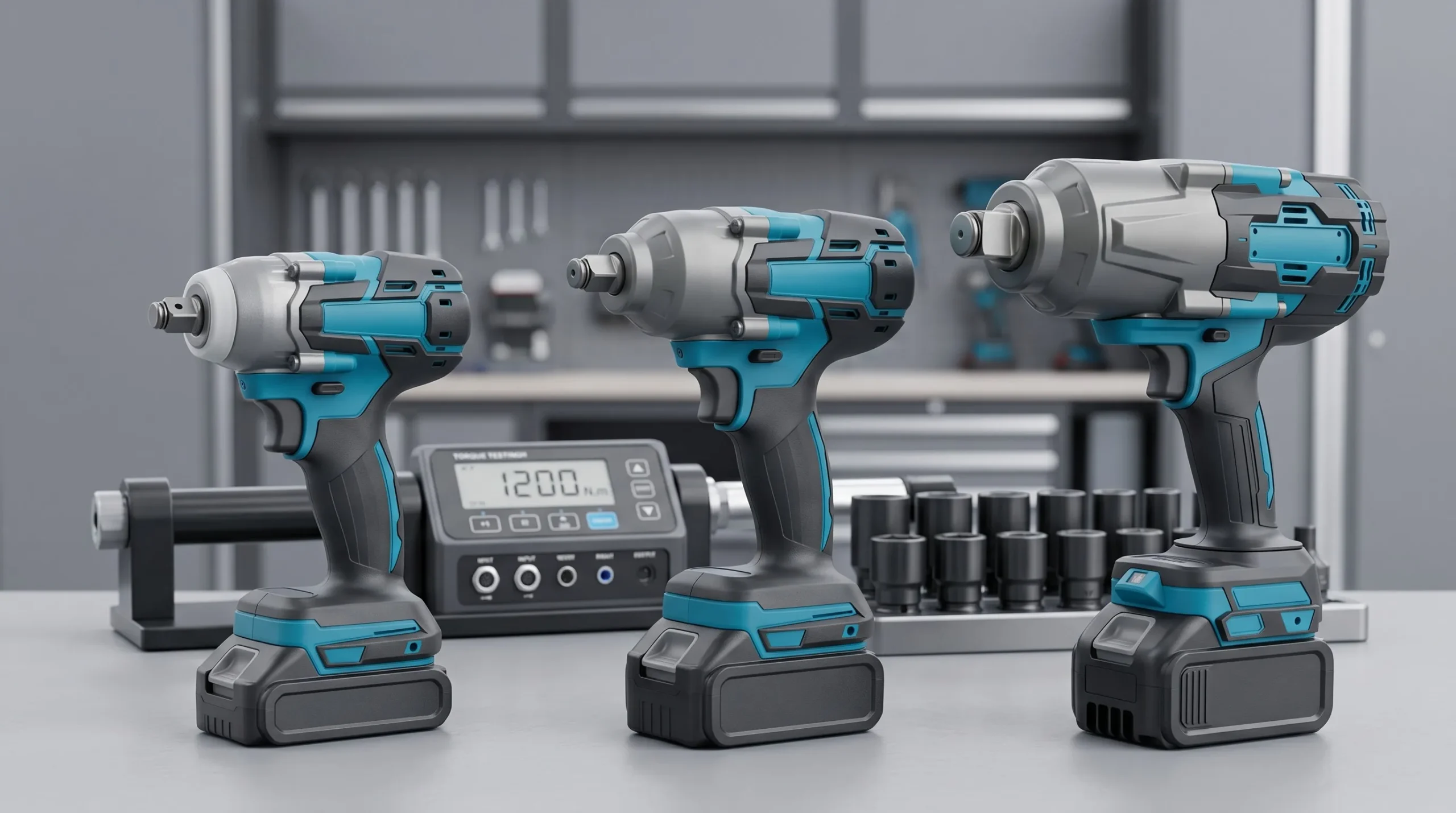Impact Wrench Torque Guide for Importers: How to Choose 340Nm, 550Nm, 1000Nm, 2000Nm and 3000Nm Cordless Models Teal blue cordless impact wrench torque class lineup for YUTUO OEM power tool importers